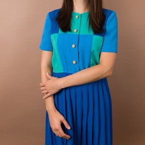 Leslie Fay Vintage  Short Sleeve Midi Dress Green & Blue Colorblock Barb…